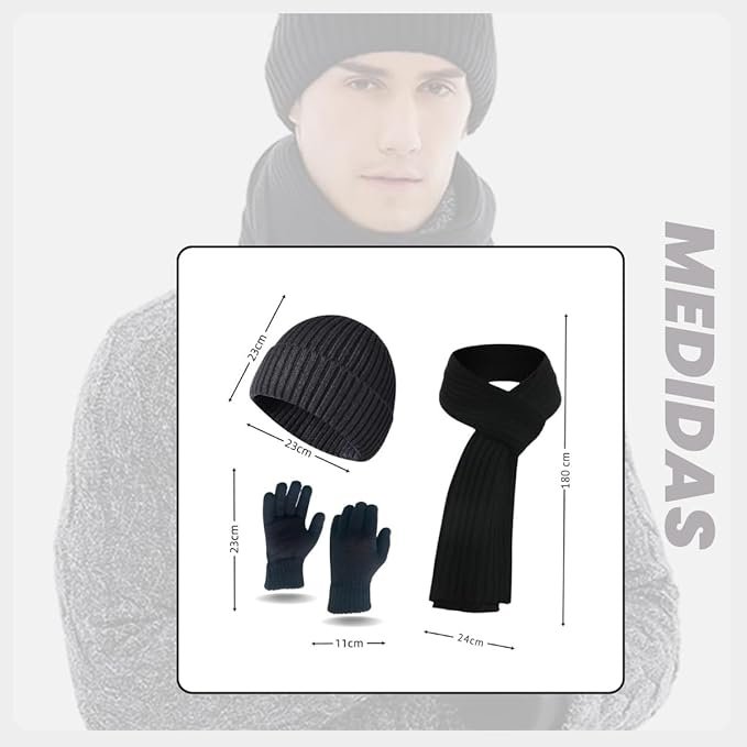Gorro Masculino Cachecol Luvas em Tricô Conjunto de Inverno 3 Peças