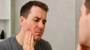 homem com barba coçando o queixo frustrado