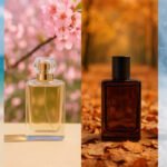 Frascos de perfume masculino em cenário que representa as quatro estações do ano.