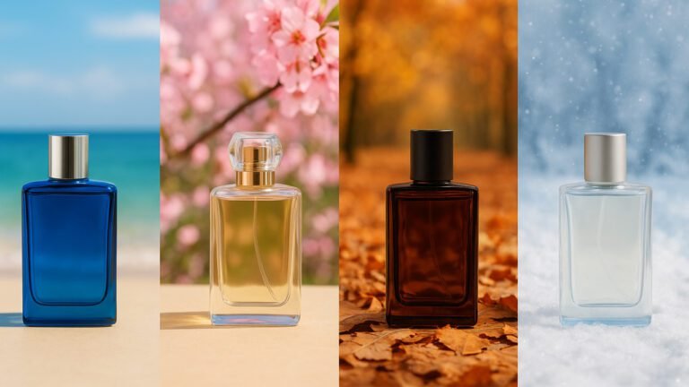 Frascos de perfume masculino em cenário que representa as quatro estações do ano.