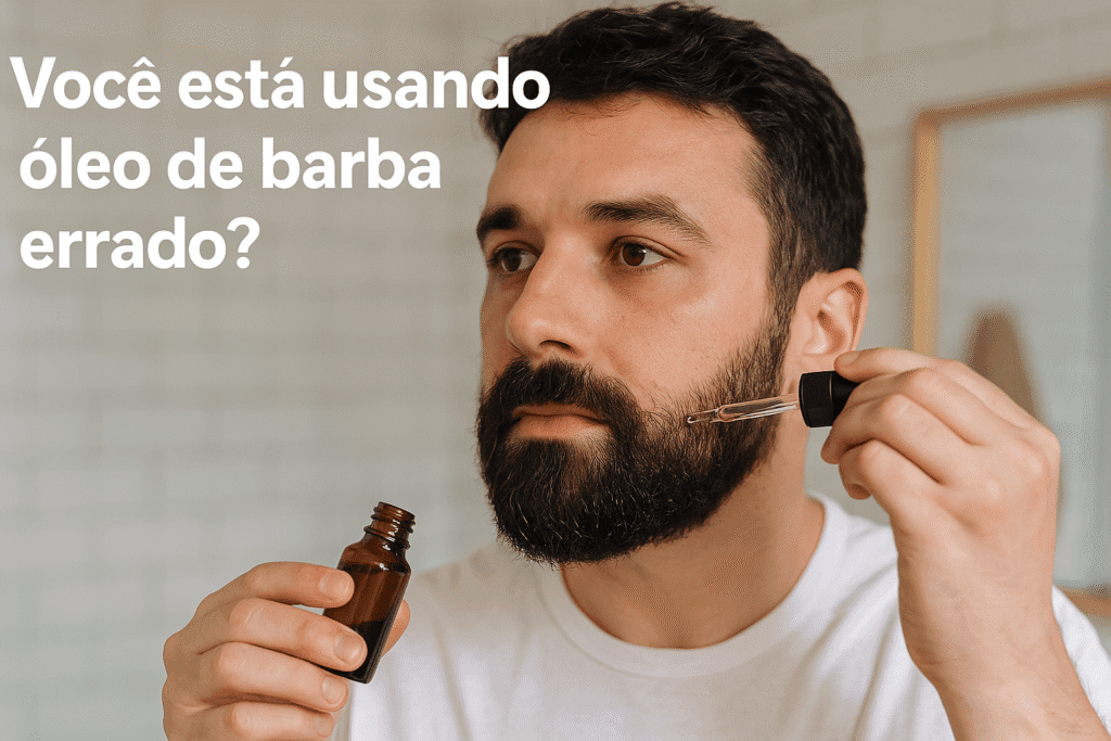 Homem com barba aplicando óleo com conta-gotas no rosto, em frente ao espelho, com expressão concentrada.